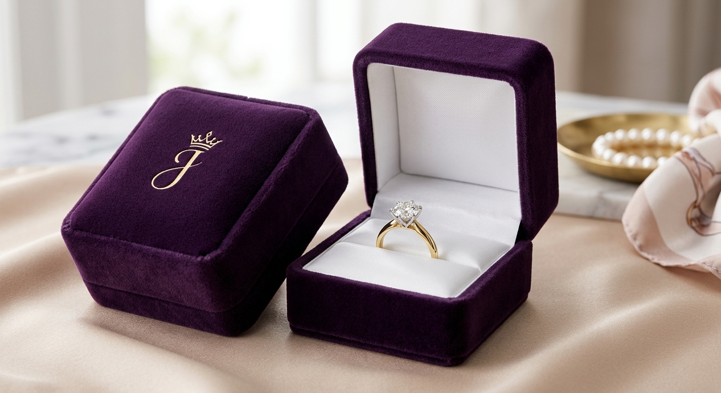 Un estuche de terciopelo morado realza la elegancia de cada joya.