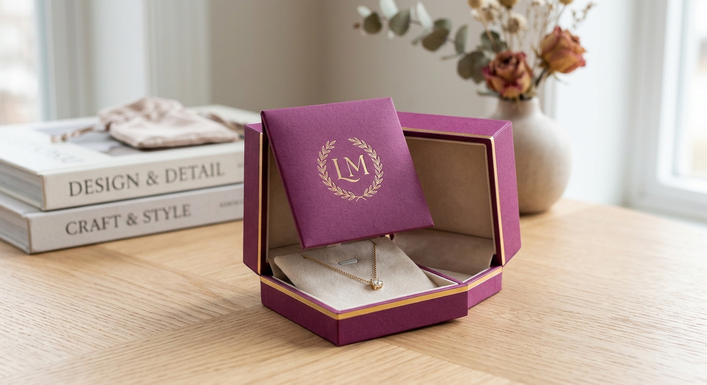 Estuche de joyería con logo en relieve dorado: lujo personalizado.