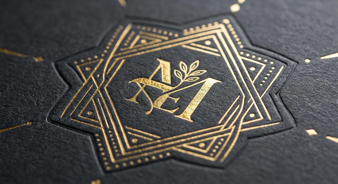 Detalle de acabado premium: sello de oro en relieve.