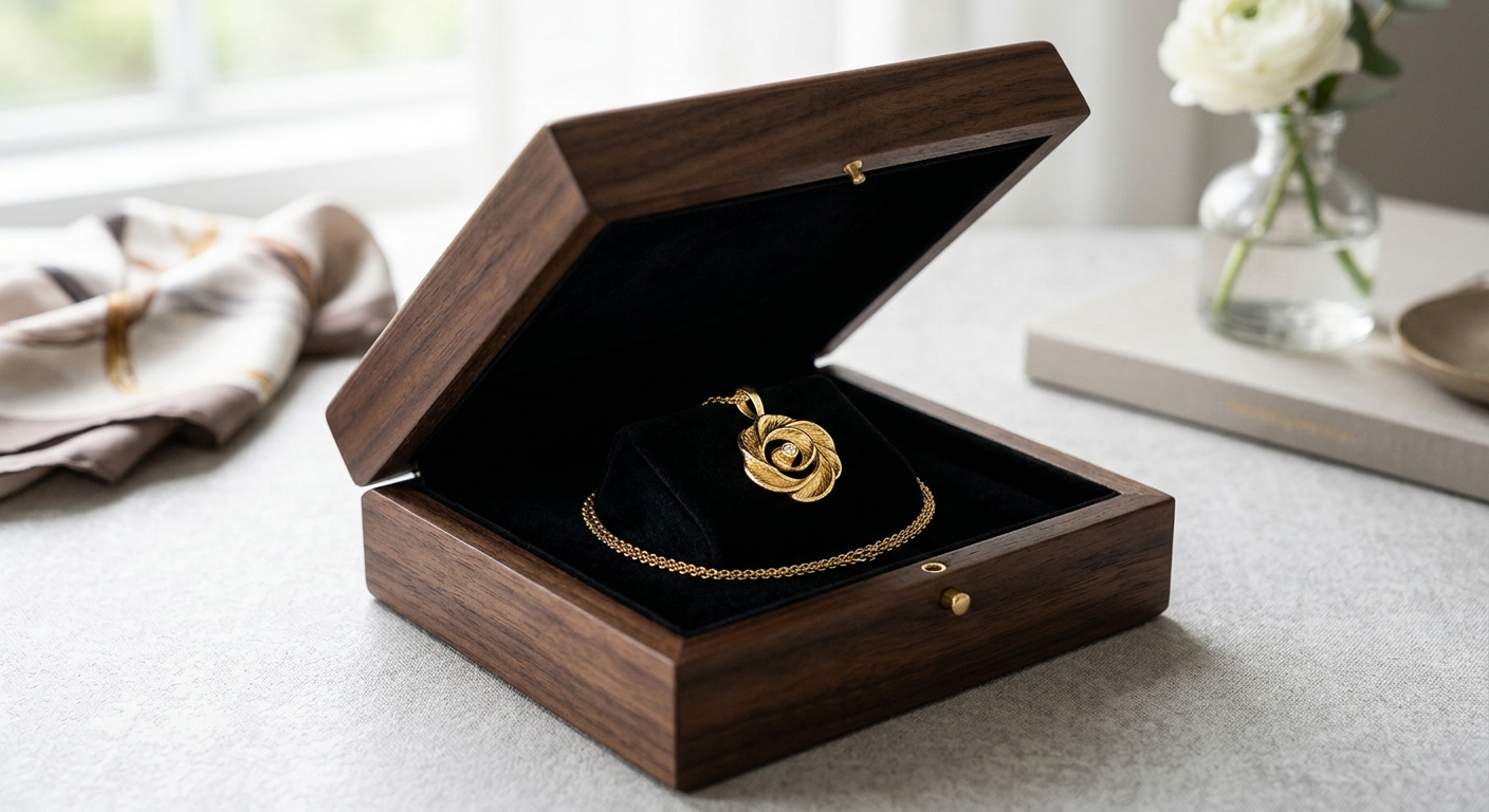 Estuche forrado con soporte elevado: el colgante, presentado como una joya.