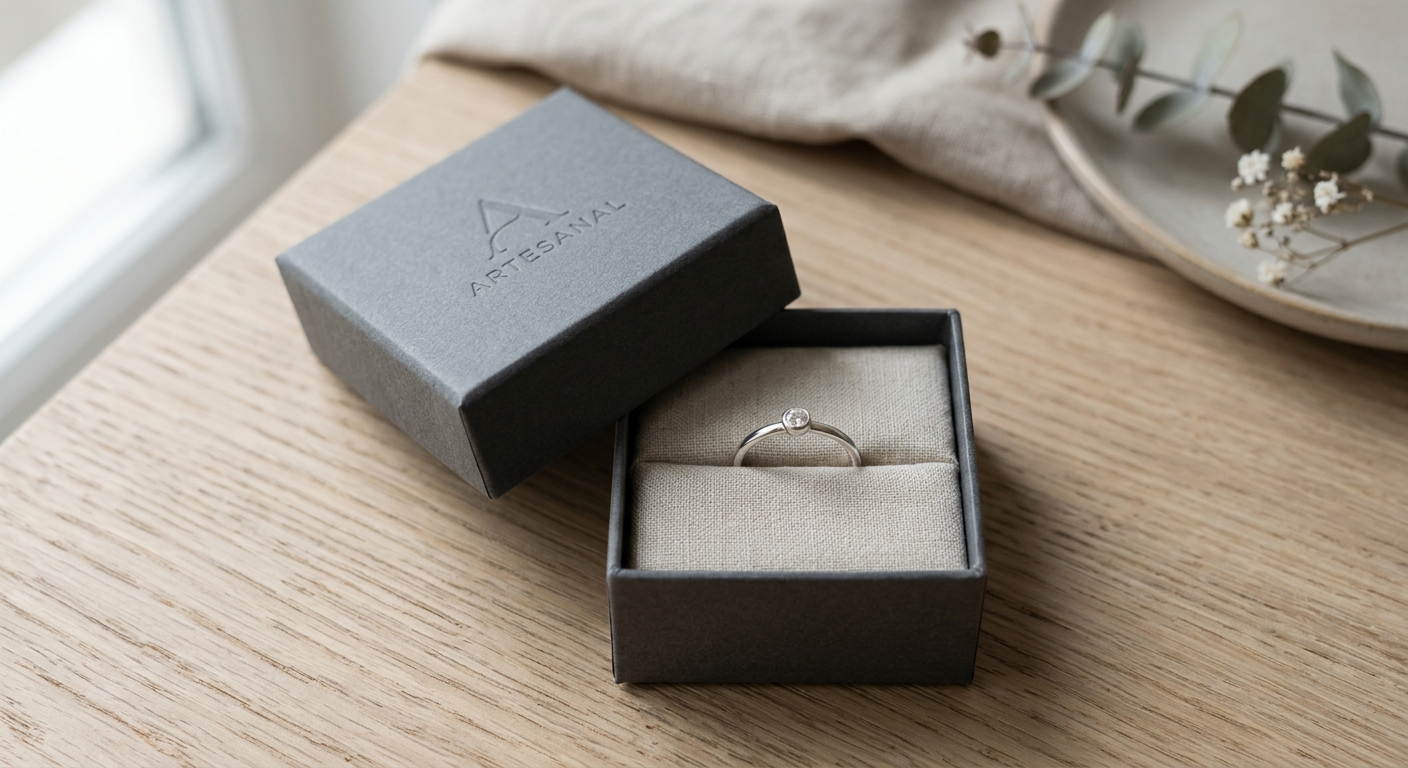 Minimalismo sofisticado: Anillo artesanal en caja de cartón forrado.