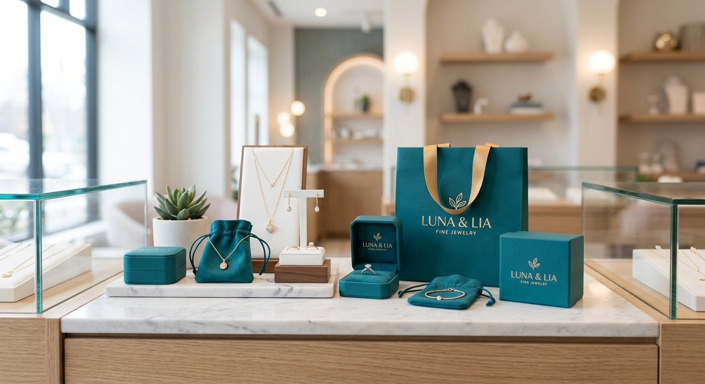Coherencia visual: packaging que realza la exhibición de joyas.