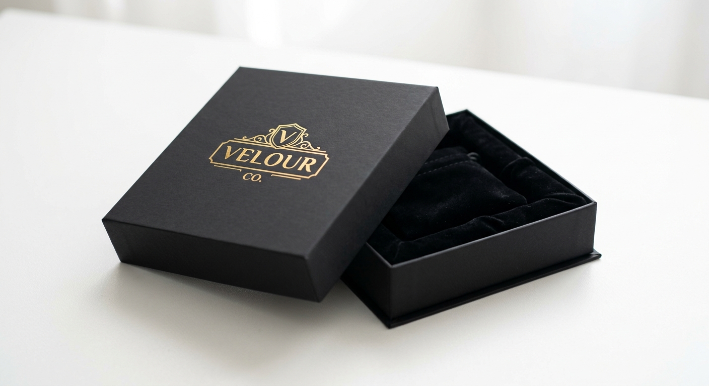 Elegancia en cada detalle: Cajas de cartón forrado a medida con acabado mate y stamping dorado.