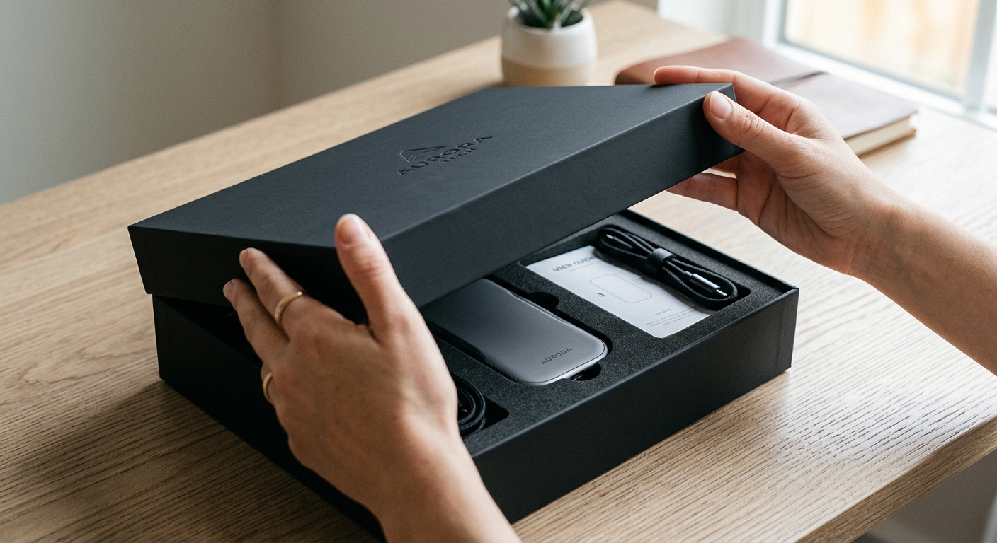 La experiencia sensorial del unboxing: Acabado soft-touch y protección interior.