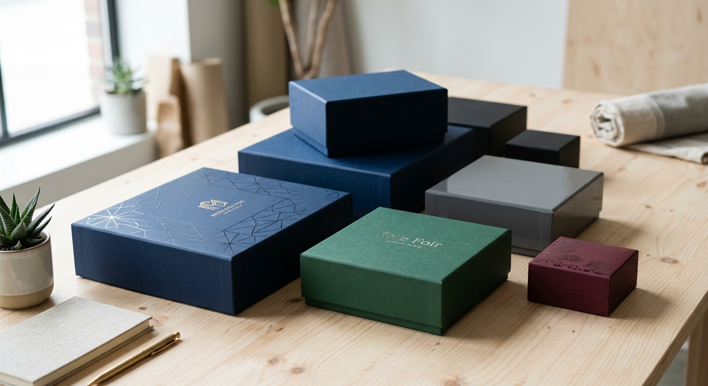 Variedad de acabados y colores para cajas personalizadas que destacan.