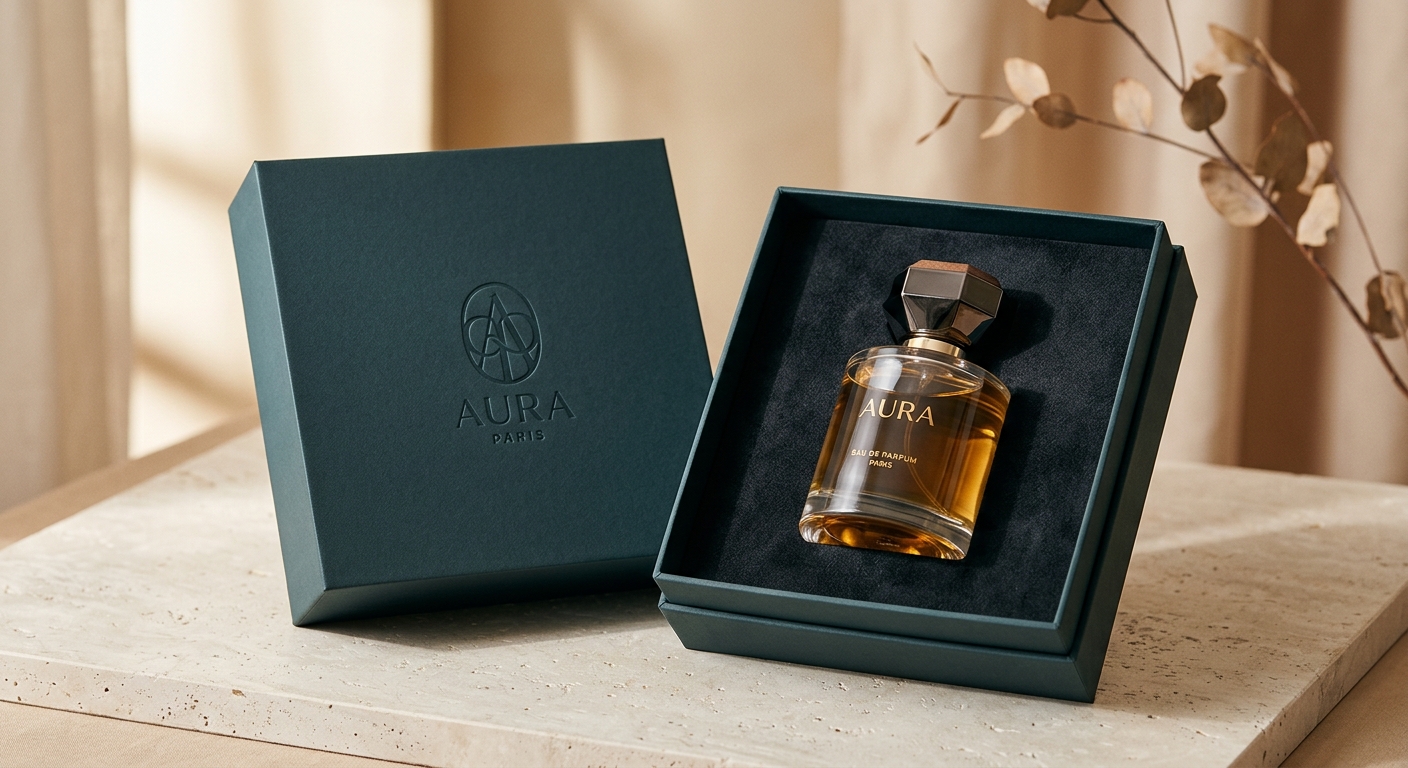 Packaging a medida en cartón forrado: Un diseño minimalista que realza la elegancia del producto.