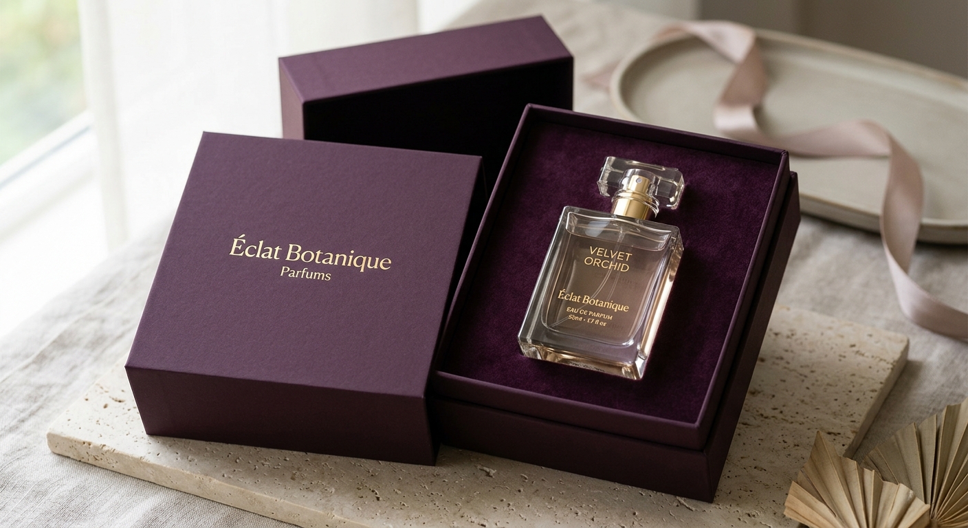 Unbox the Luxury: Perfume en su estuche de cartón forrado.